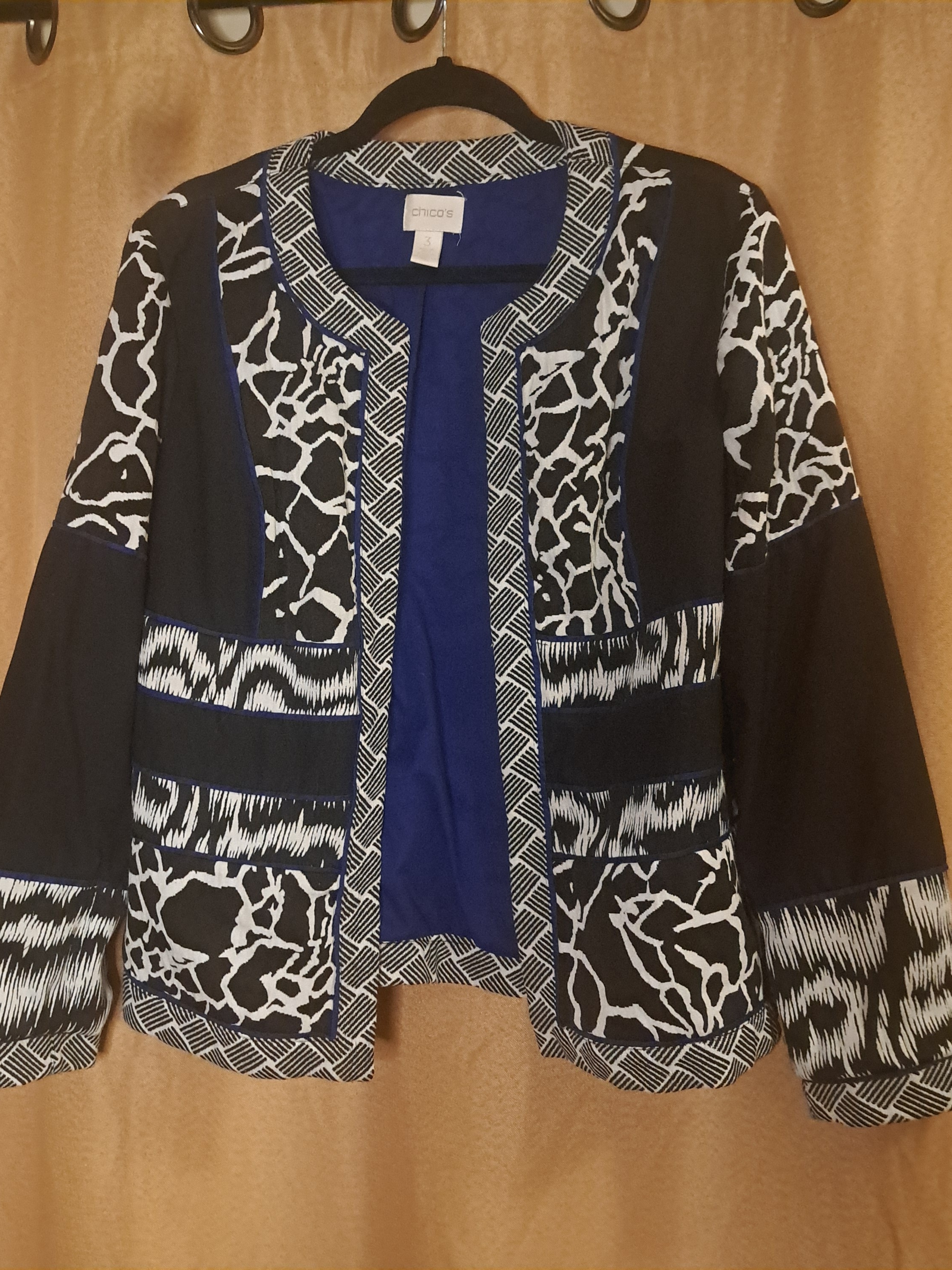Chico's Black & White Mixed-Print Open Front Jacket With Blue Lining